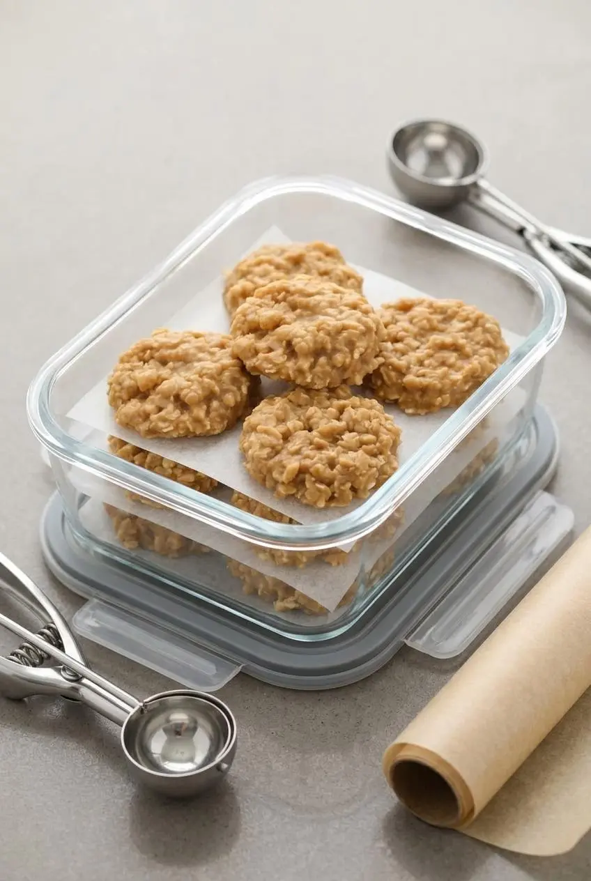 Chilled peanut butter no bake cookies layered with parchment paper in a glass storage container.
