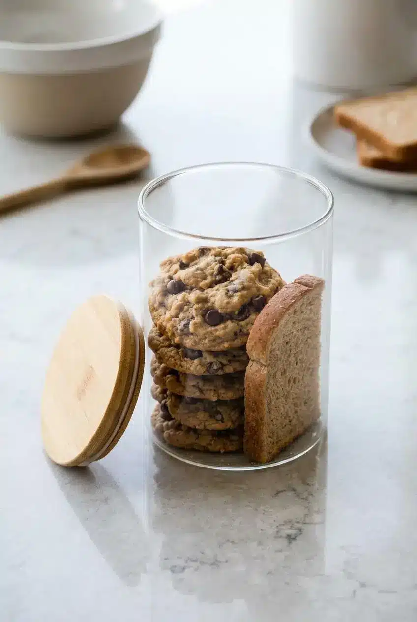 Peanut butter oatmeal cookies stacked inside an airtight glass container with a slice of bread.
