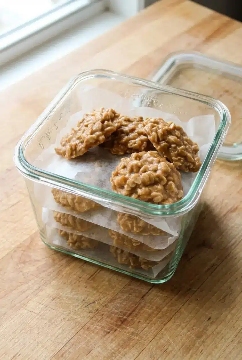 Glass storage container filled with tiers of peanut butter oatmeal cookies separated by wax paper sheets.