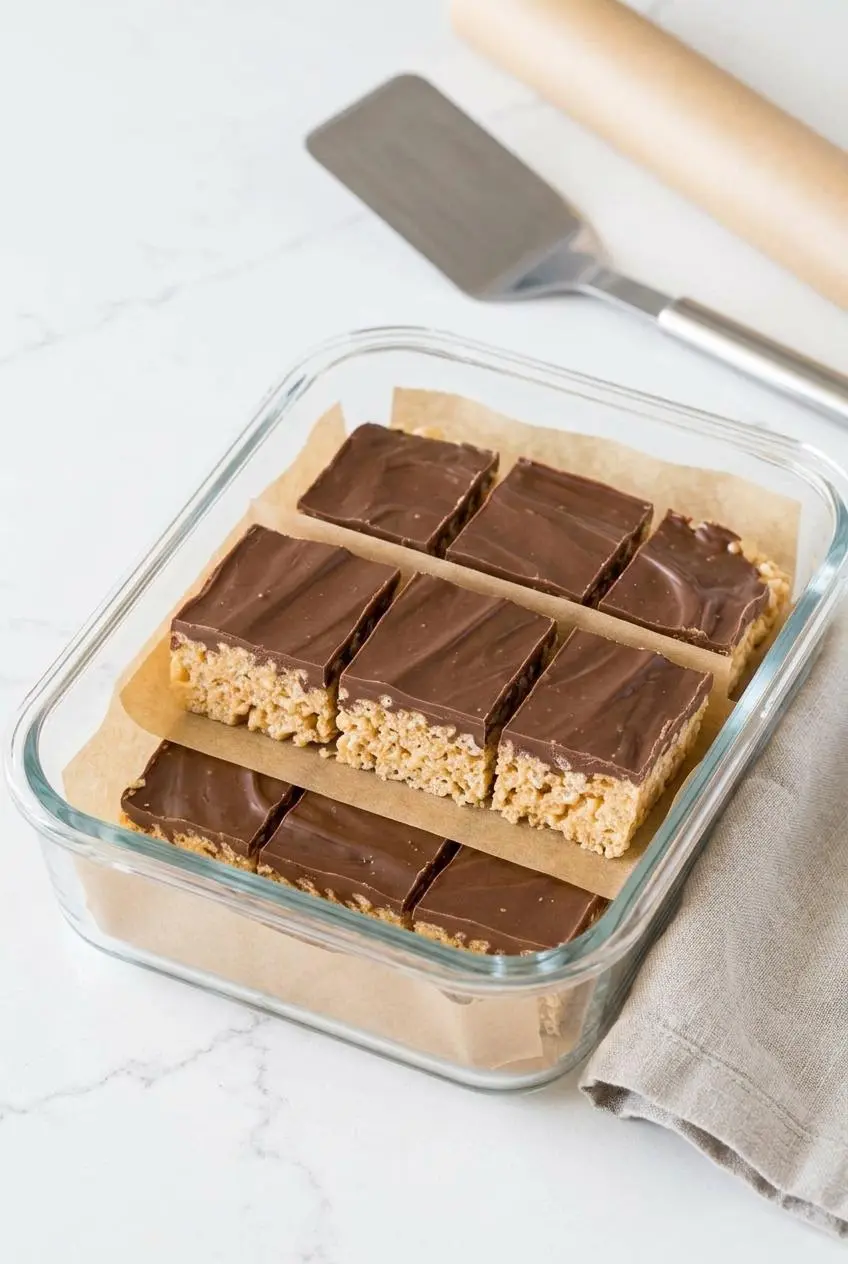 Cut peanut butter rice krispie treats layered with parchment paper inside an open glass storage container.