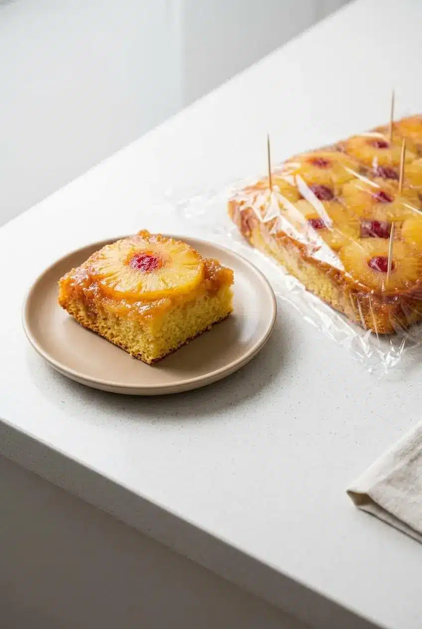 Sliced cake portion beside a square prepped with toothpicks to elevate wrap for storage.