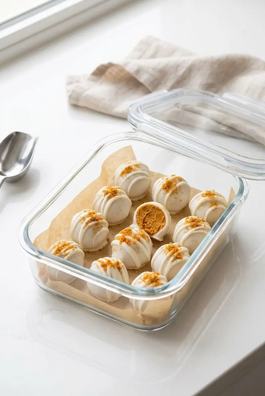 Pumpkin cheesecake balls spaced neatly in a parchment-lined glass storage container.