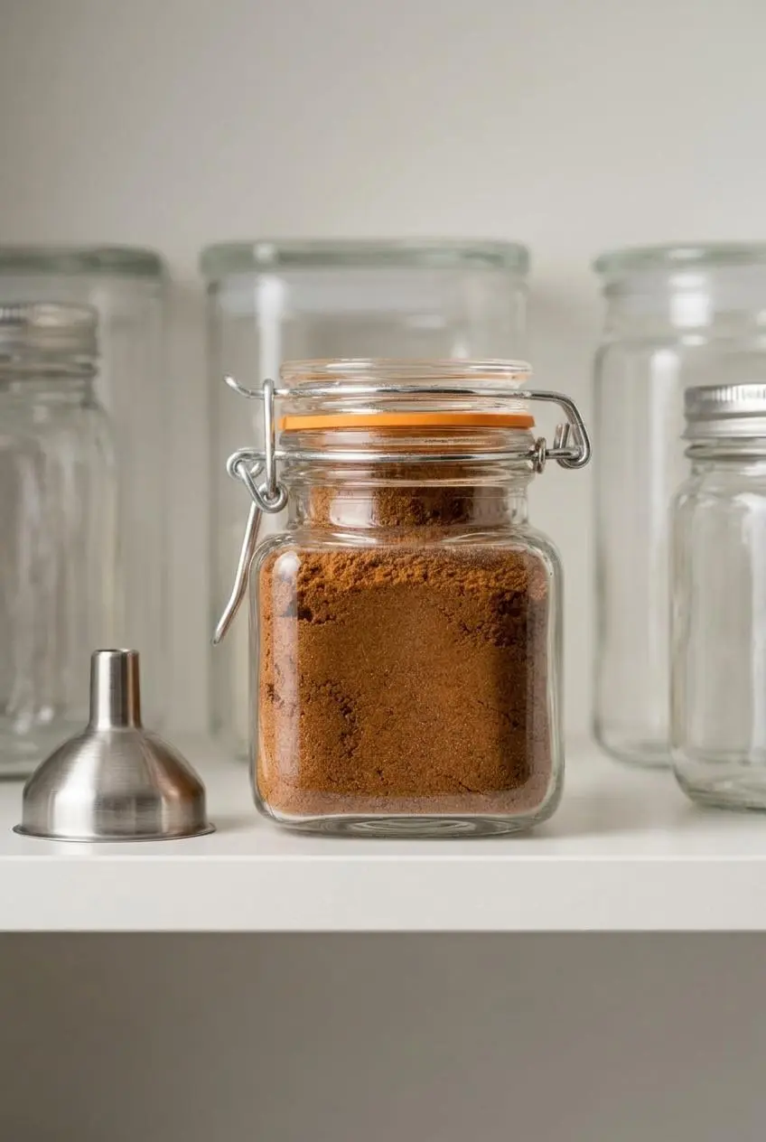 Airtight clamp glass jar filled with pumpkin spice next to a metal funnel on a white pantry shelf.
