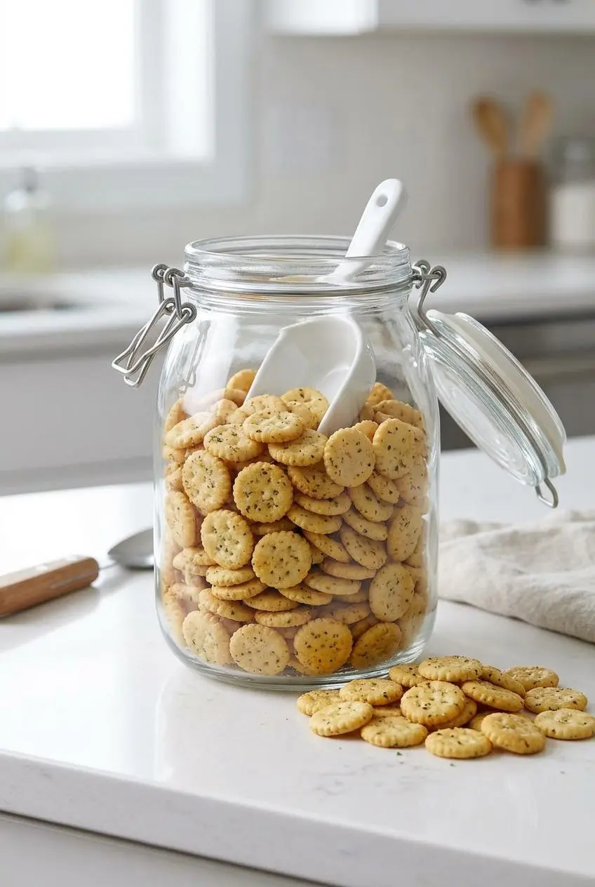 Glass storage jar filled with cooled ranch crackers on a white countertop to preserve crispness.