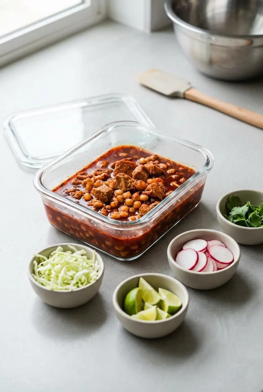 Glass meal prep container filled with red pozole next to small bowls of fresh separated toppings.