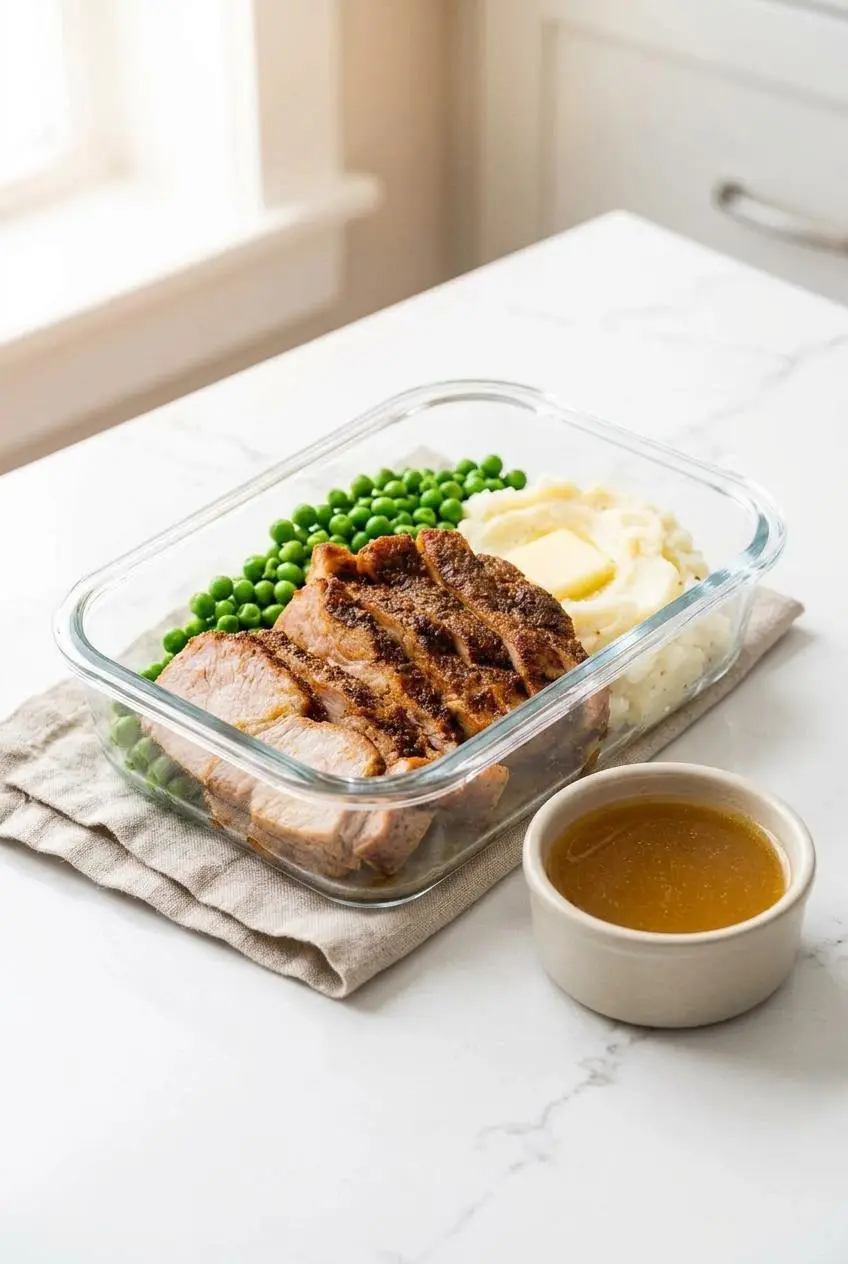 Sliced baked pork chops stored in a glass container with a ramekin of pan juices