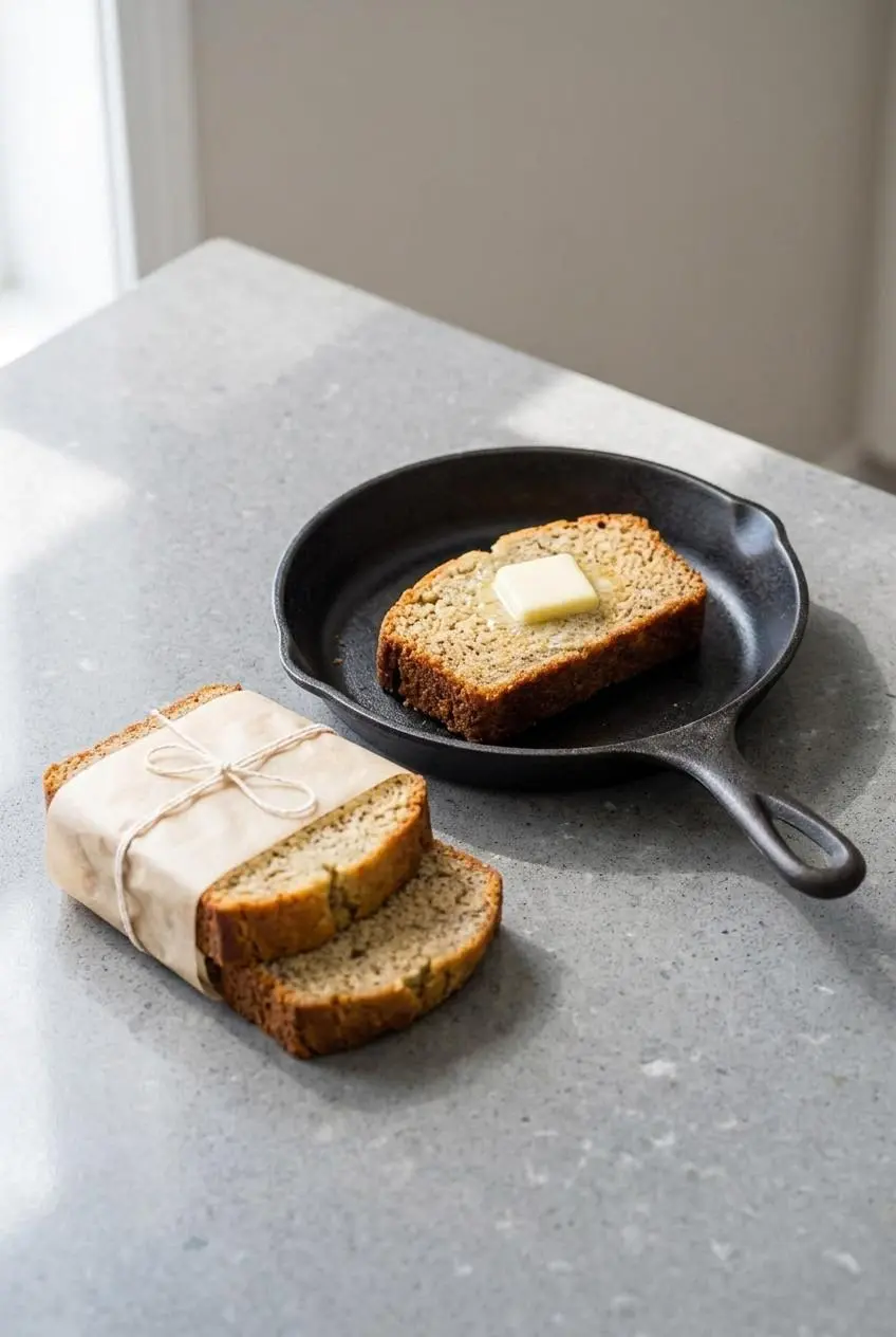 Slices of banana bread wrapped in parchment next to a warm slice in a cast-iron skillet with melting butter.