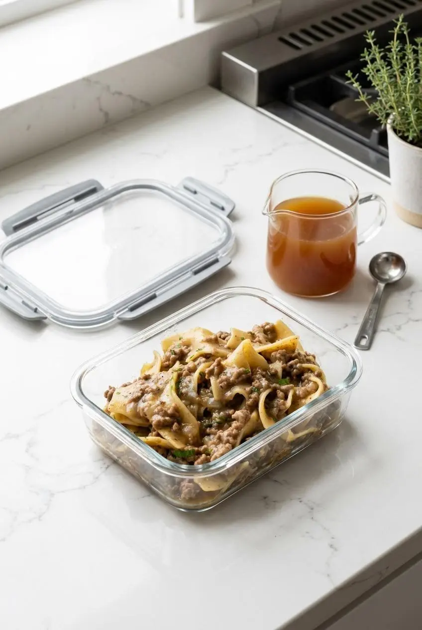 Beef and noodles packed in a glass storage container with a small pitcher of beef broth nearby.