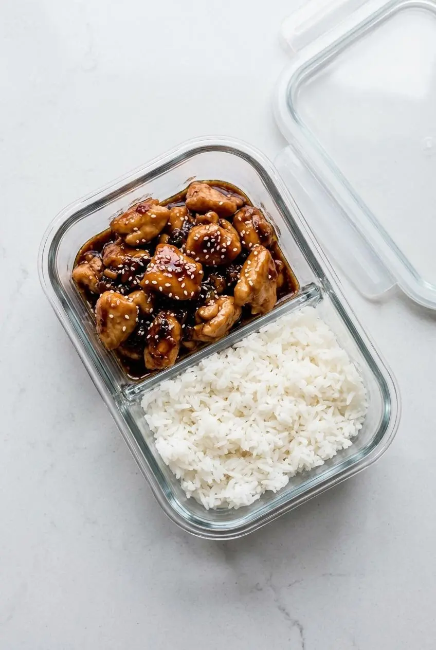 Glass meal prep container holding glazed bourbon chicken separated from cooked white rice.