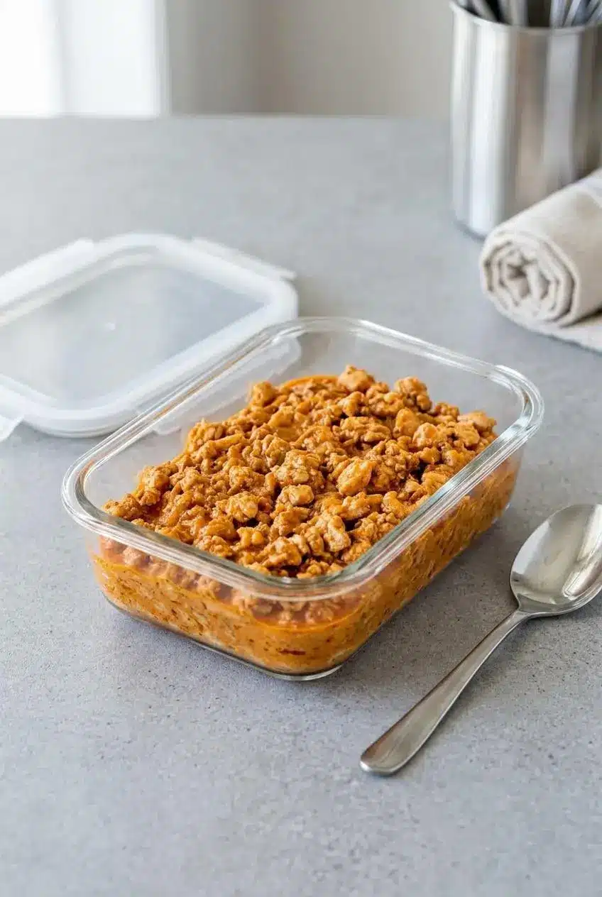 Cooled Cajun chicken sloppy joe filling stored in a glass meal prep container next to a fitted lid.