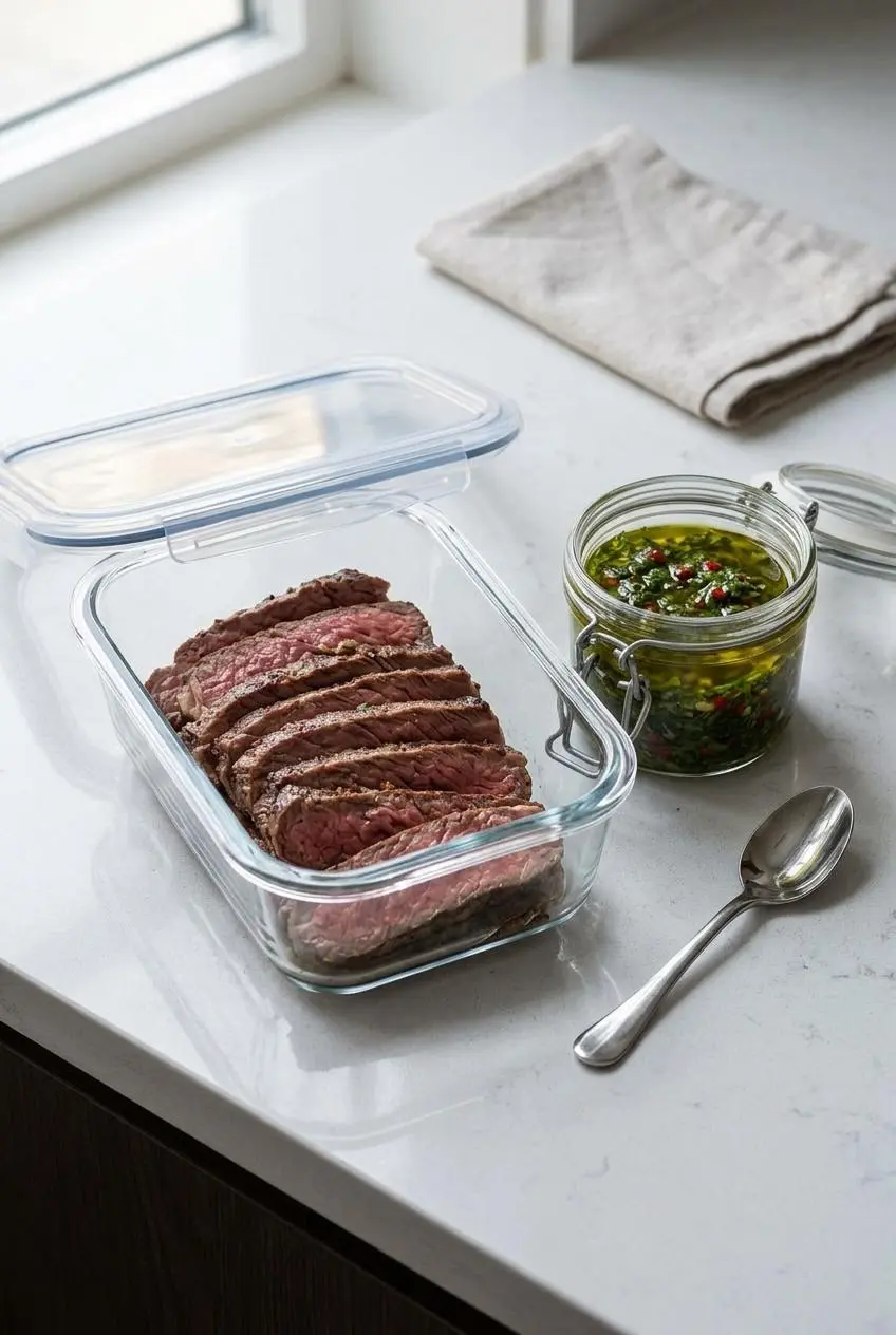 Sliced cooked steak in a glass meal prep container next to a small jar of fresh chimichurri.