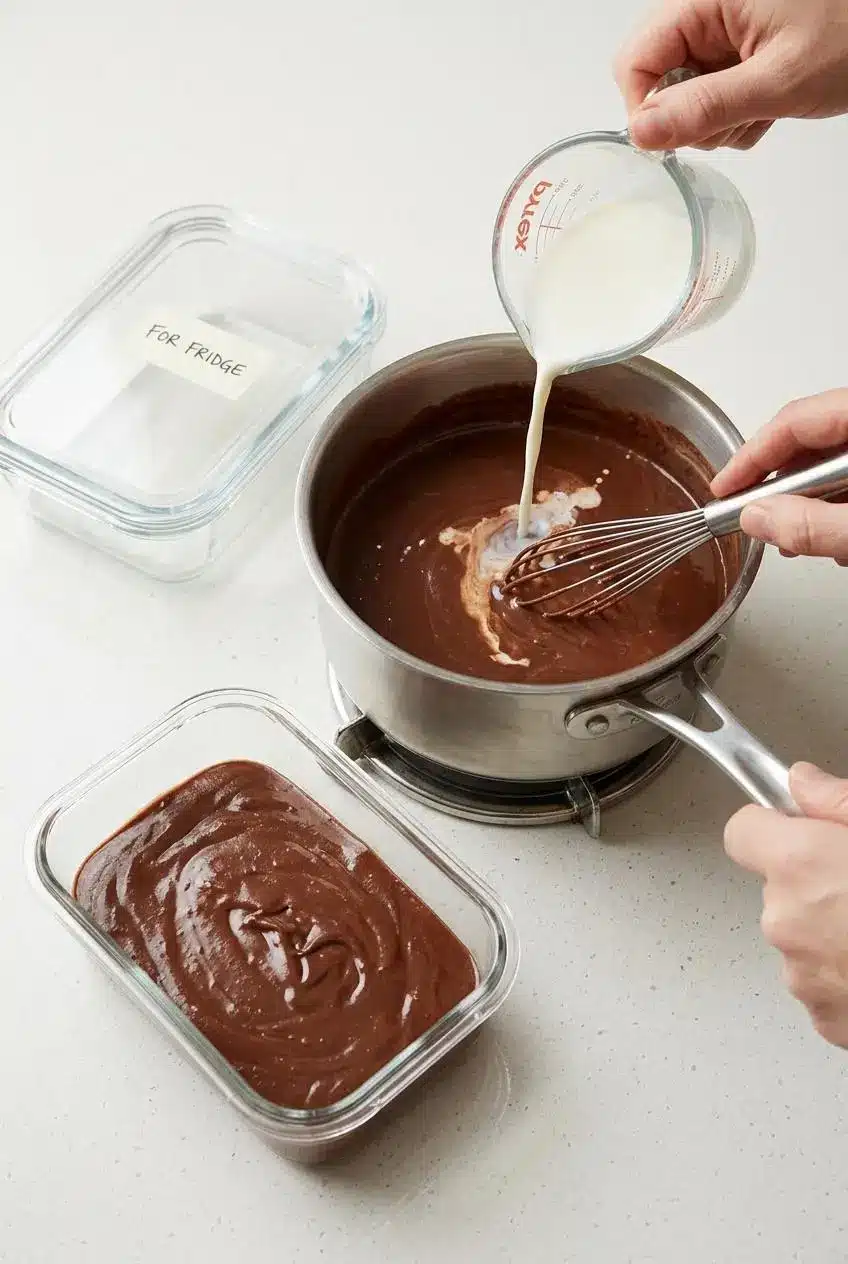 Reheating leftover chocolate gravy in a small saucepan with a splash of milk next to a glass storage container.