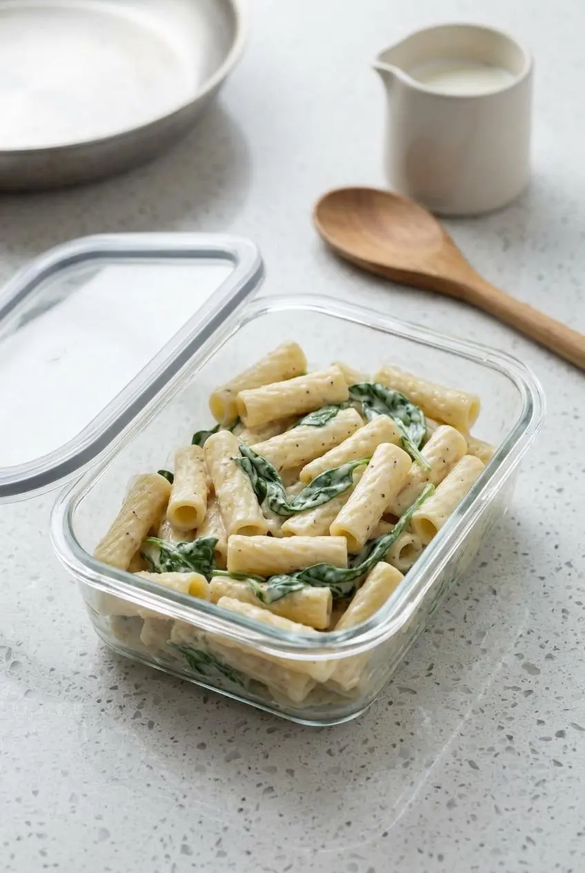 Clear glass container holding leftover creamy spinach pasta with a small creamer of milk on a kitchen counter.