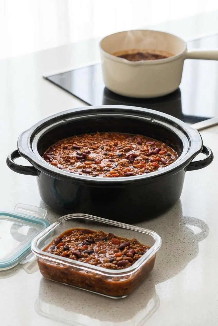 Cooled beef and bean chili in a glass meal-prep storage container next to a small saucepan warming on the stovetop.