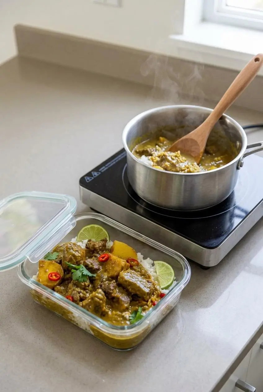 Curry beef stored in a glass meal-prep dish and gently warmed in a small saucepan.