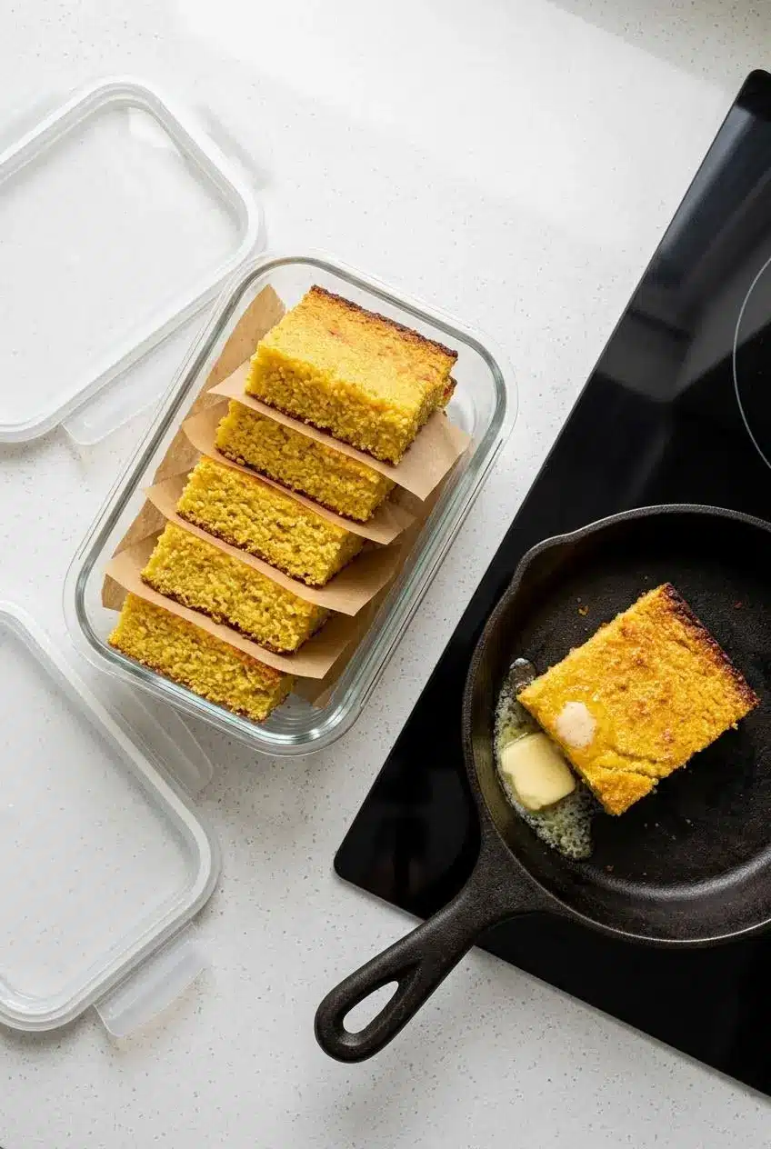 Gluten-free cornbread slices layered with parchment in glass storage beside a slice reheating in a warm skillet.