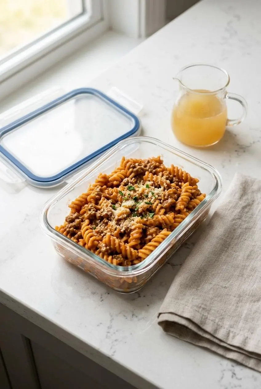 Leftover ground beef pasta packed in a glass meal prep container with a small pitcher of broth for reheating