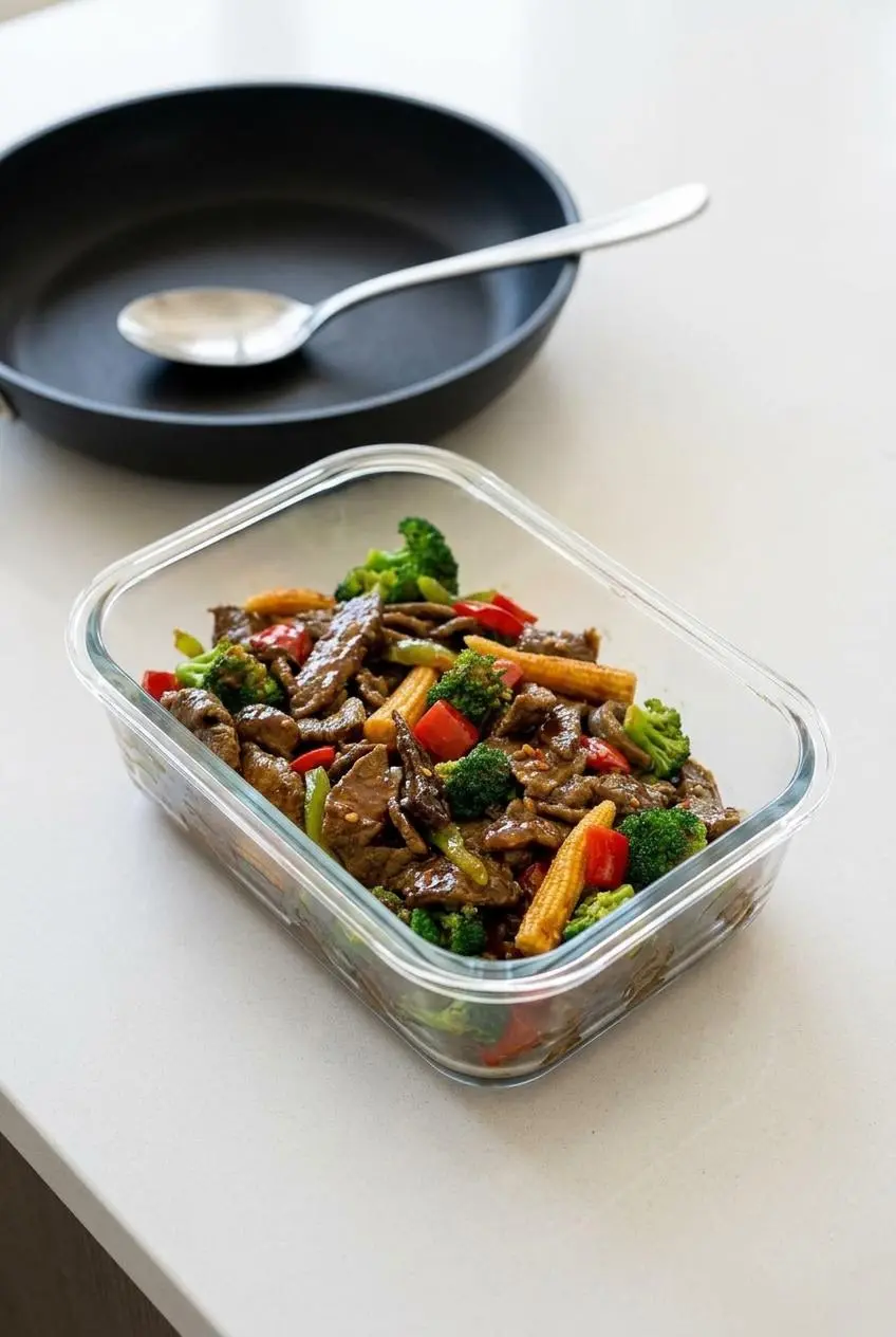 Glass airtight meal prep container filled with cooked hunan beef ready for chilled storage and skillet reheating.