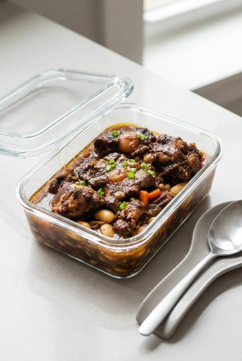 Braised oxtails and butter beans stored in a clear glass meal prep container with rich chilled gravy.