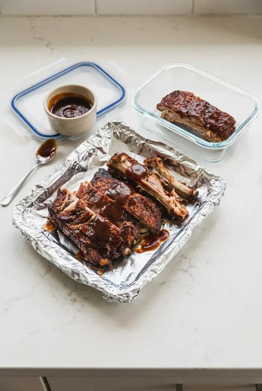 Leftover pork rib portions resting on aluminum foil with extra barbecue sauce for reheating.