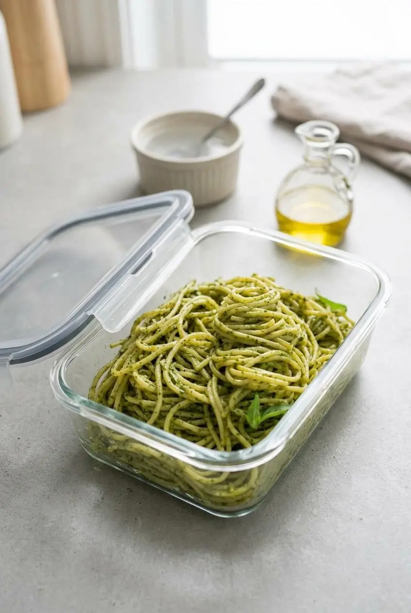 Cooked pesto pasta stored in a clear glass container with olive oil and a small dish of water on the counter.