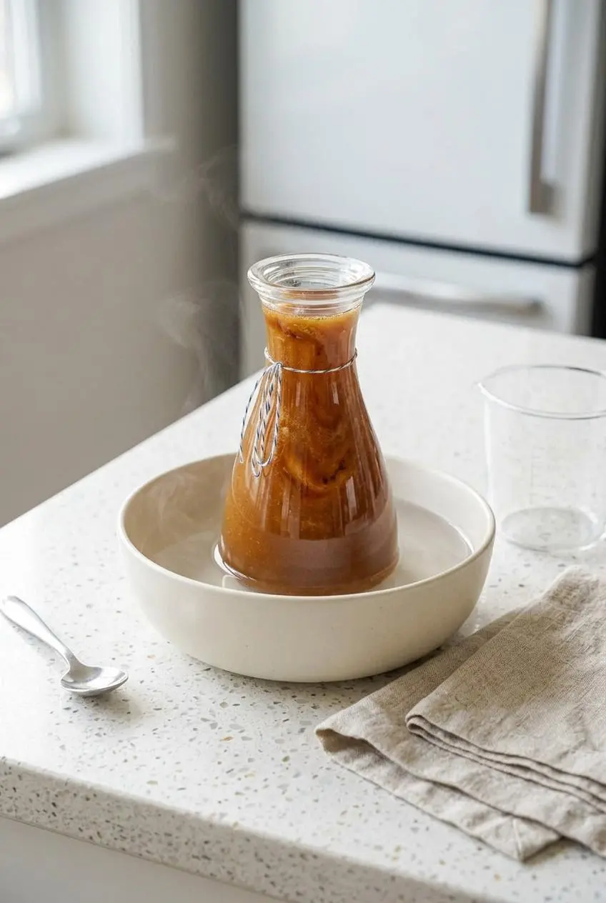 Glass bottle of toasted marshmallow syrup resting in a bowl of warm water to gently loosen chilled gelatin.
