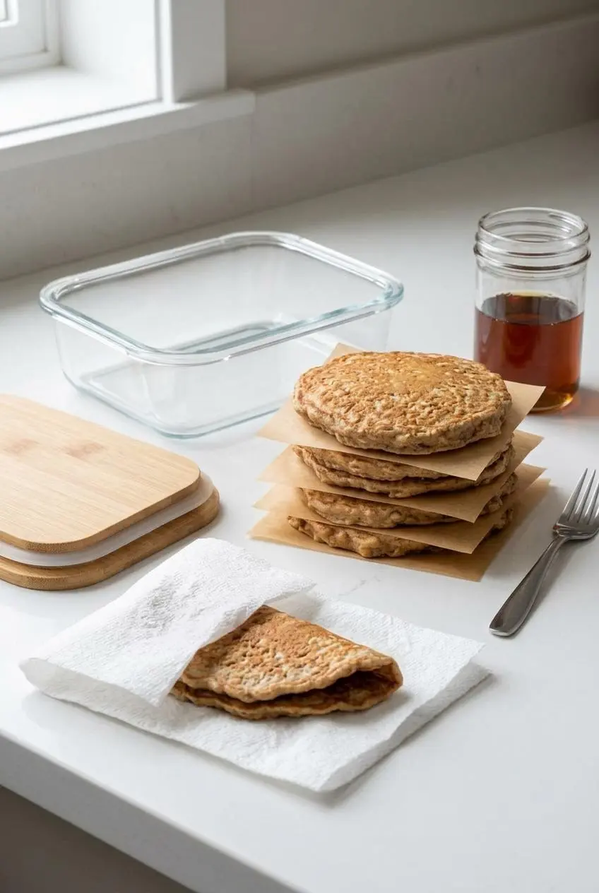 Cooked oatmeal pancakes layered with parchment paper next to a glass meal prep container and damp paper towel.