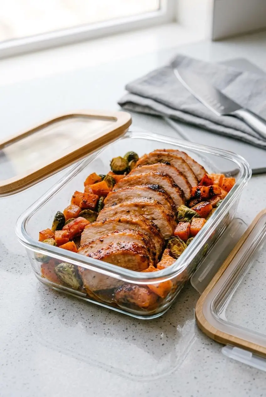Leftover roast pork loin slices stored in a clear glass container with savory pan juices.