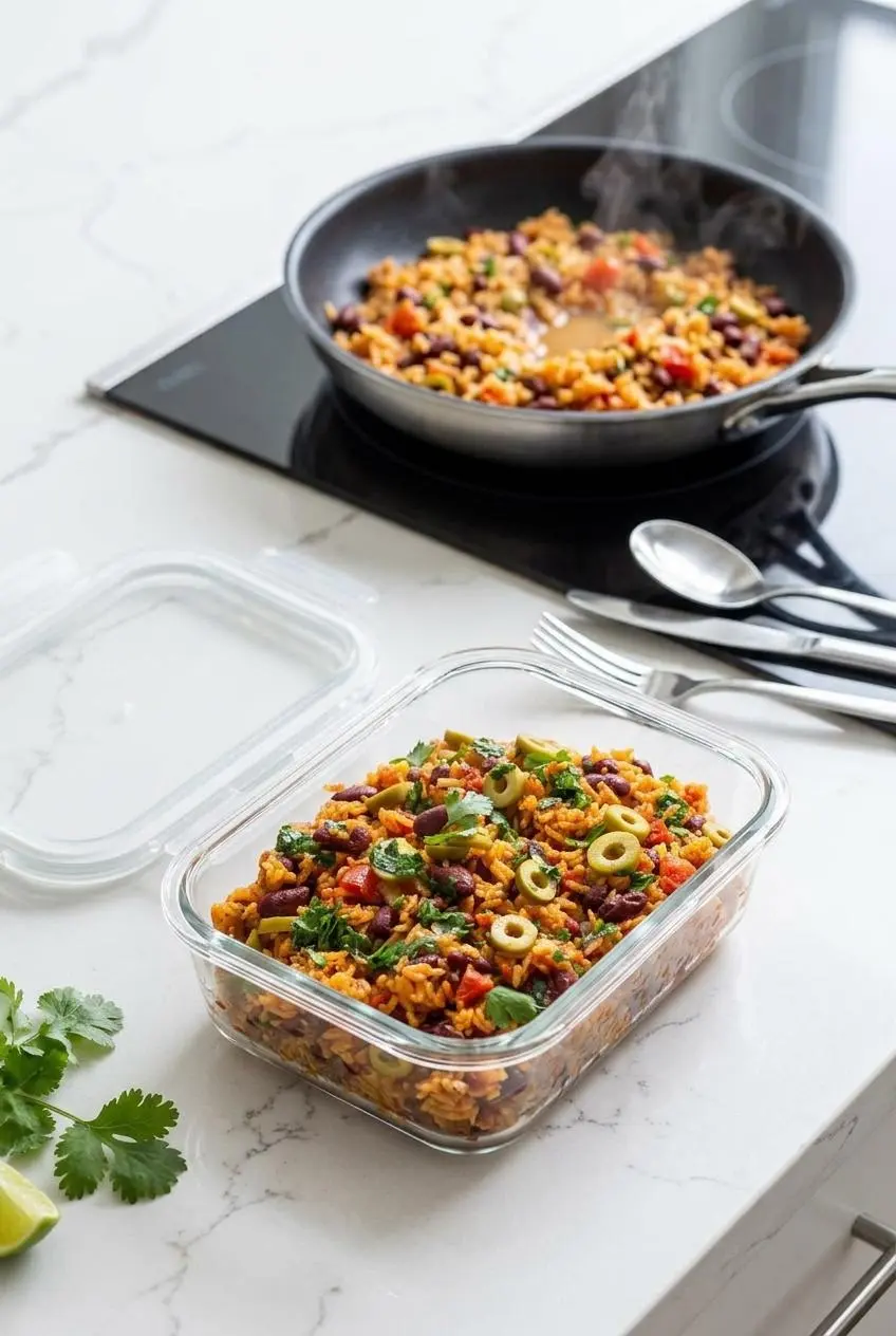 Glass storage container with cooled rice and beans next to a small skillet reheating a single portion with broth.