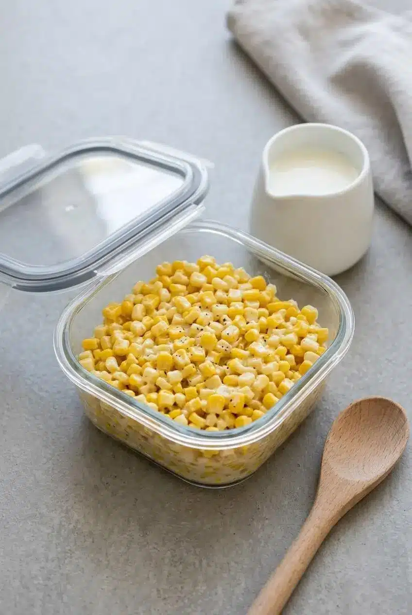 Glass storage container filled with cooked skillet corn beside a creamer of milk for gentle reheating.