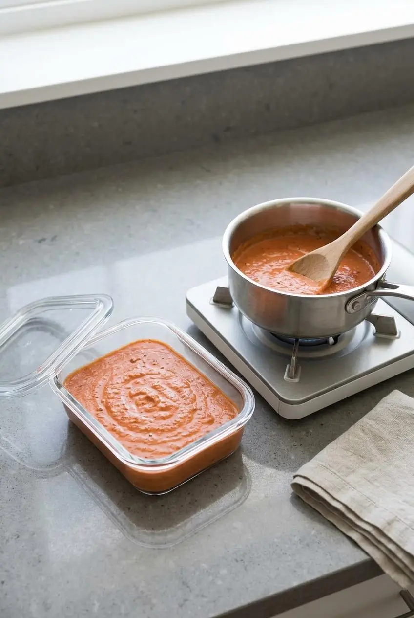 Chilled tomato cream sauce in a glass storage container next to a saucepan reheating over low heat.