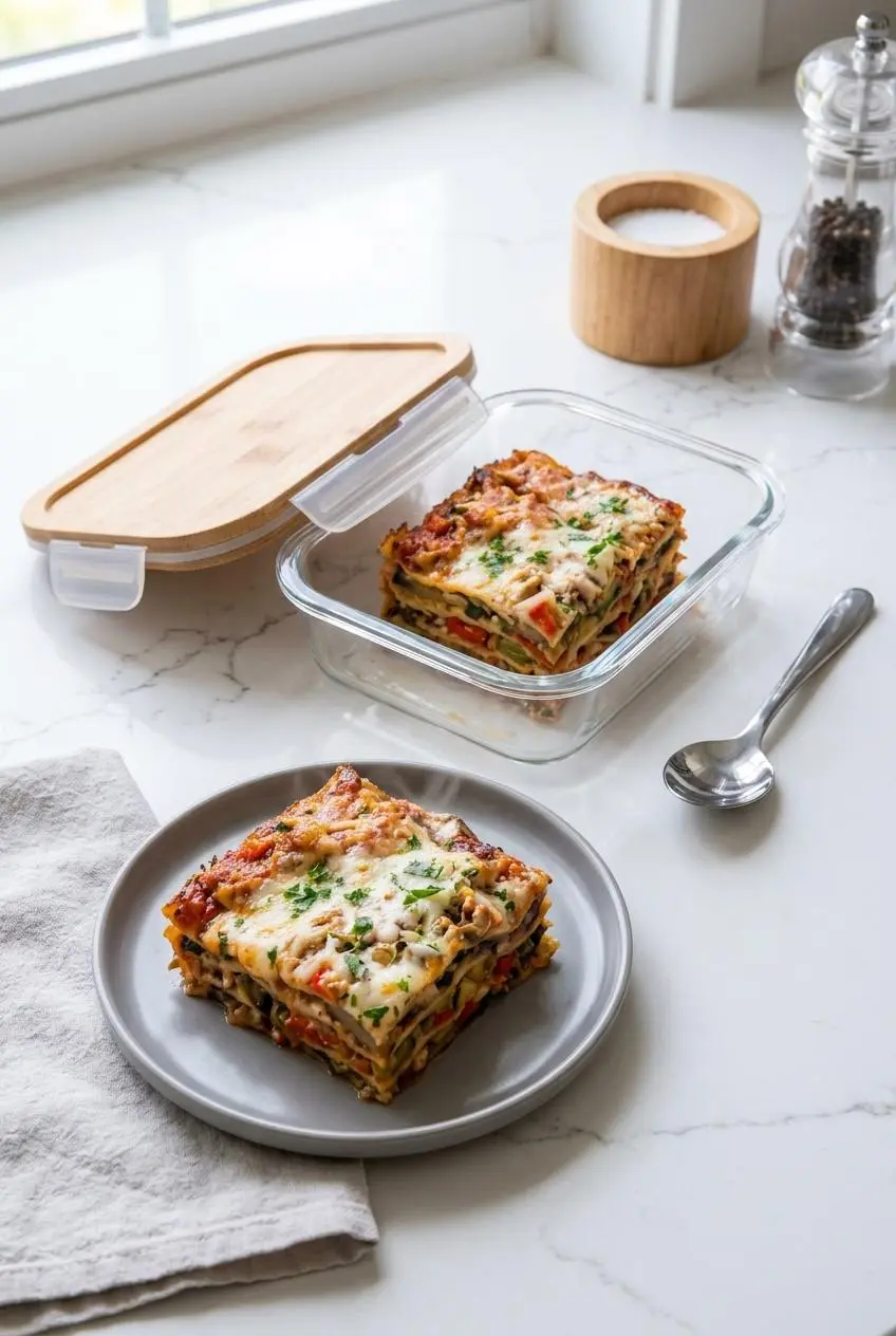 Chilled vegetable lasagna square in a glass container beside a freshly reheated square on a ceramic baking dish.