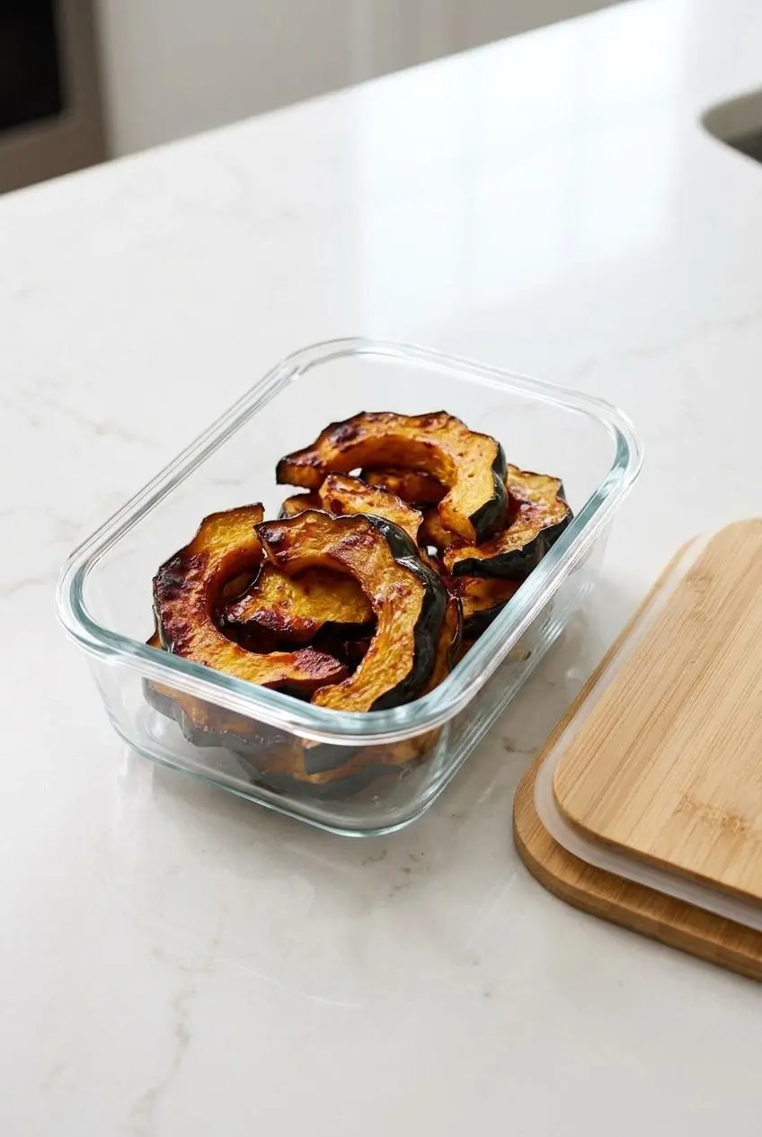 Cooked roasted squash slices neatly arranged inside an open glass food storage container on a kitchen counter.