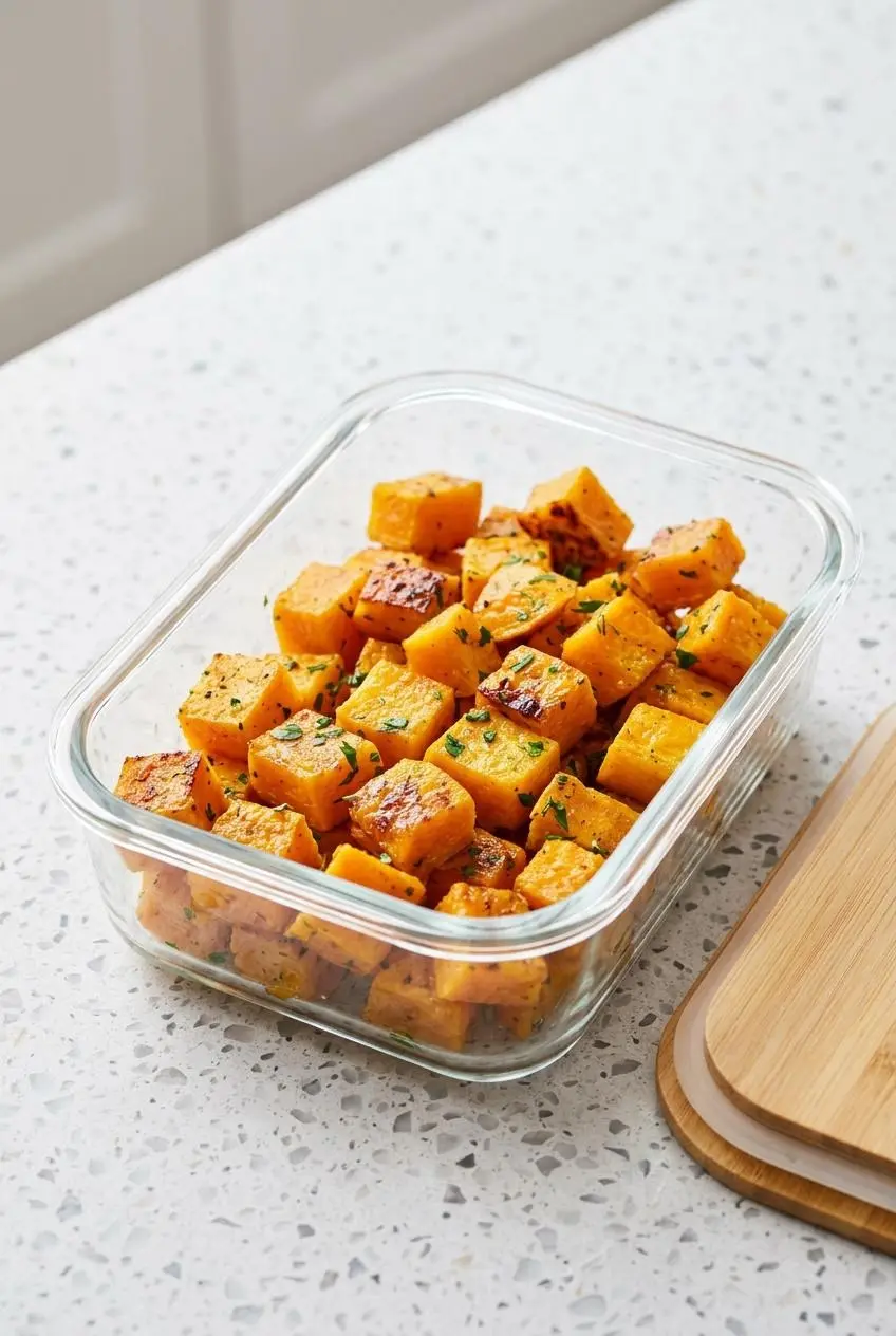 Cooked butternut squash cubes arranged in a glass meal-prep container with a bamboo lid on a kitchen counter