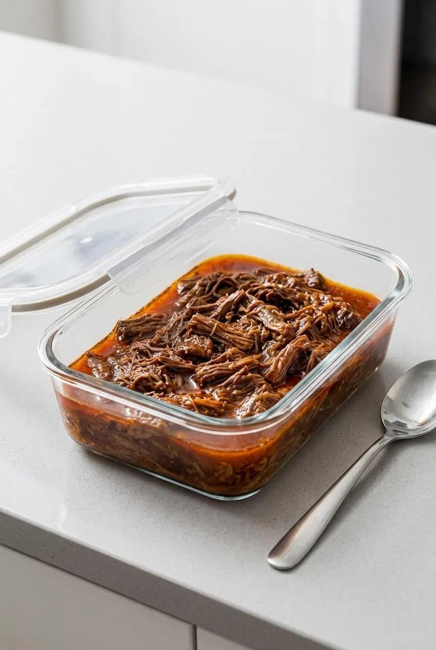 Glass storage container filled with shredded beef submerged in rich braising juices on a kitchen counter.