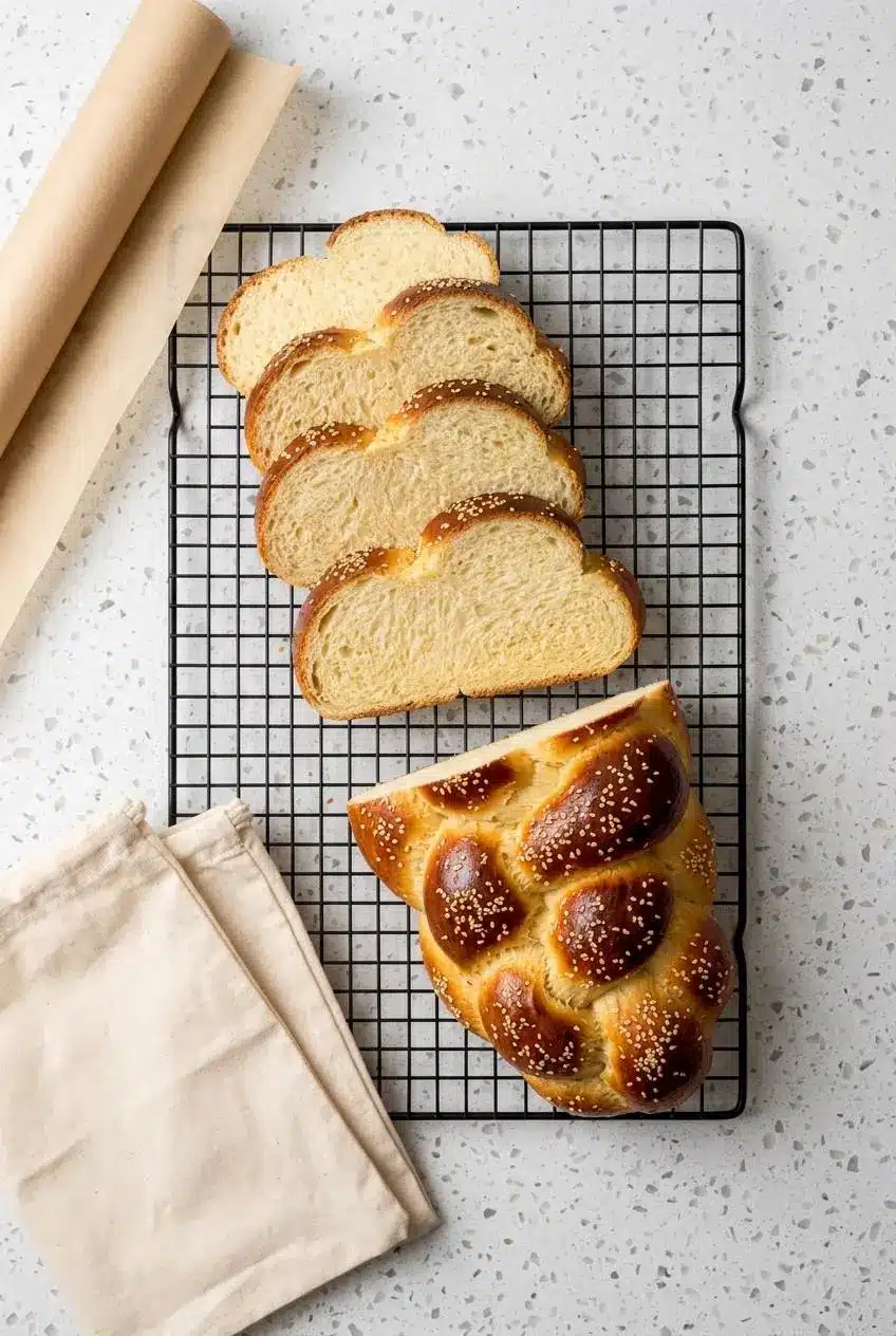 Challah bread slices on a wire cooling rack prepped for storage alongside a cotton bread bag