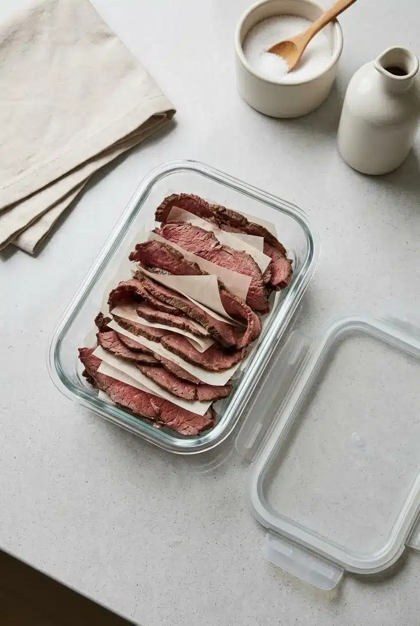 Deli-thin roast beef slices layered between sheets of parchment paper in a glass meal prep container.