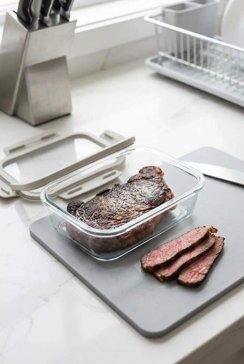 Cooked sous vide steak resting in a glass meal prep dish with carved chilled slices on a cutting board.