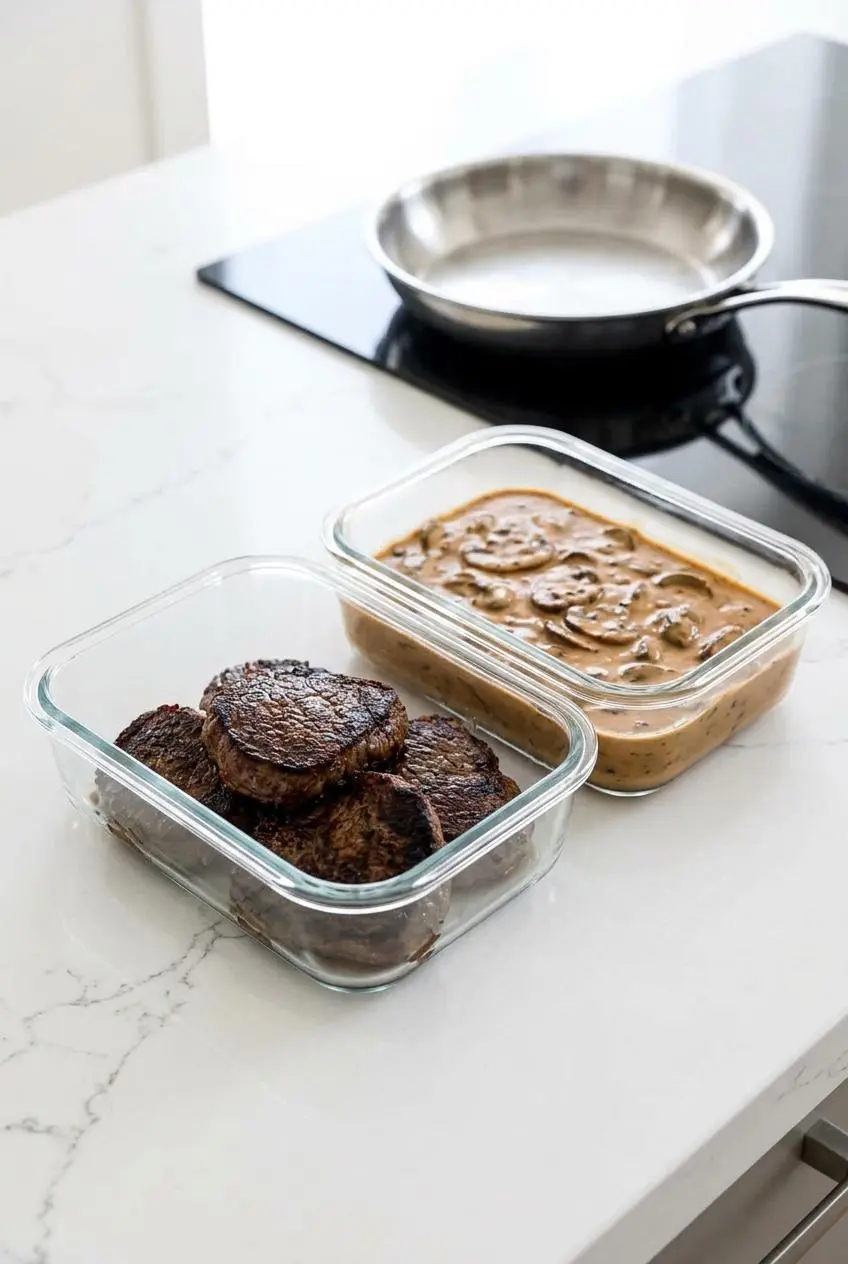 Cooked beef medallions and mushroom cream sauce stored in separate glass containers for gentle reheating.