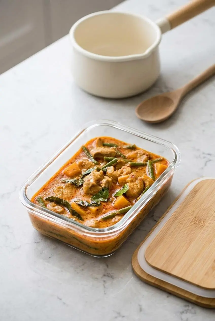 Cooled Thai red curry packed in a glass meal-prep storage container beside a saucepan on a quartz counter.