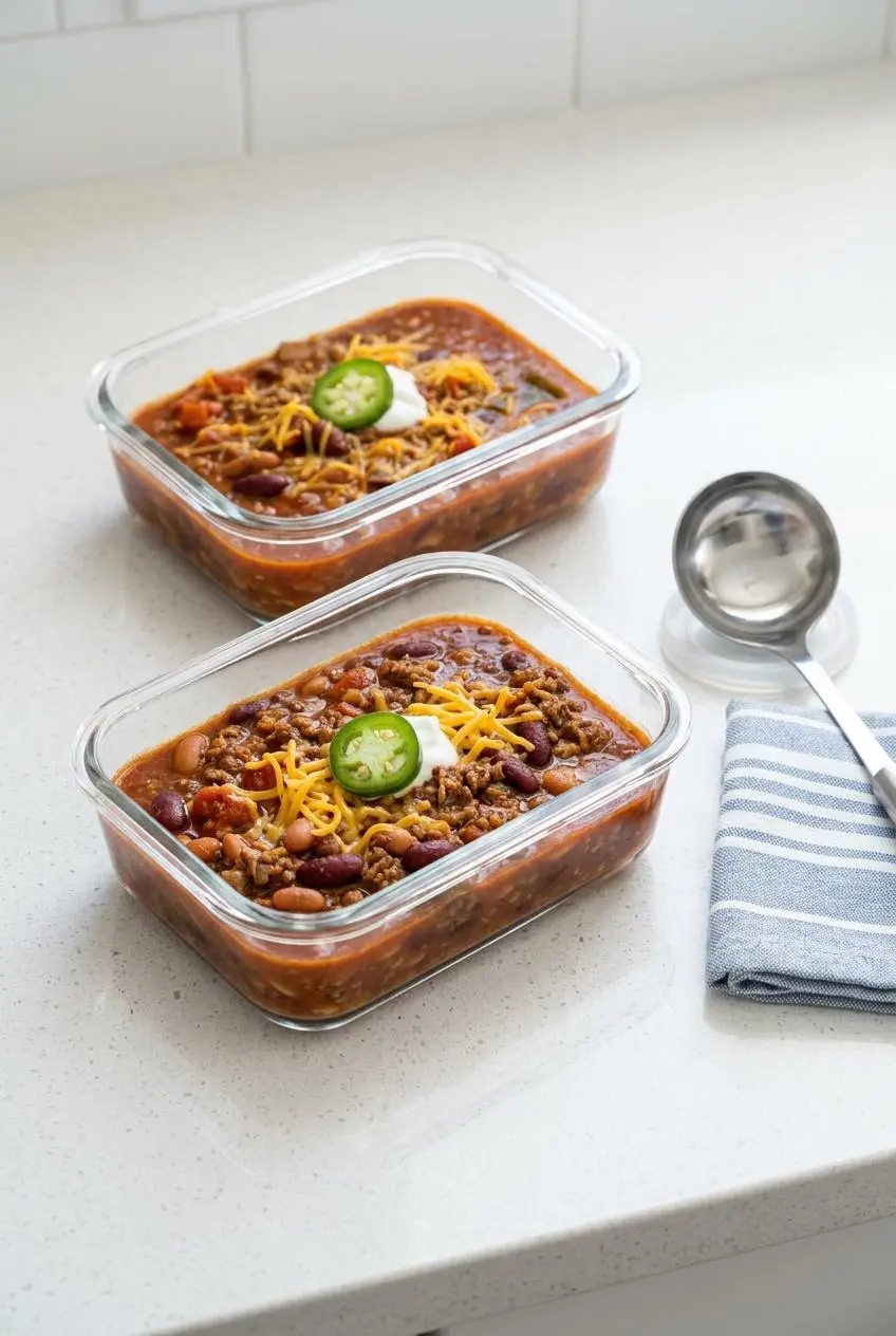 Cooled portions of homemade beef chili packed into clear glass airtight meal prep containers.