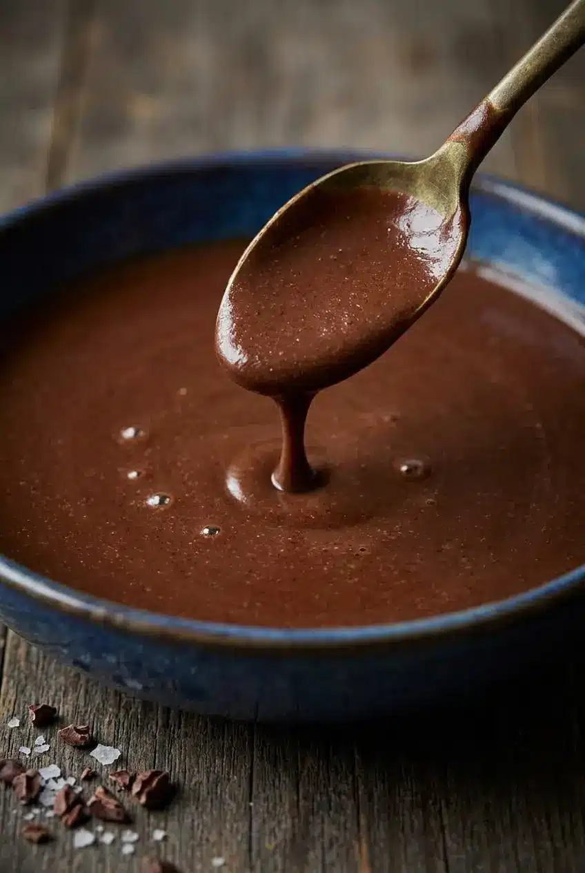 Velvety chocolate gravy coating the back of a silver tasting spoon with lazy simmer bubbles in the pan.