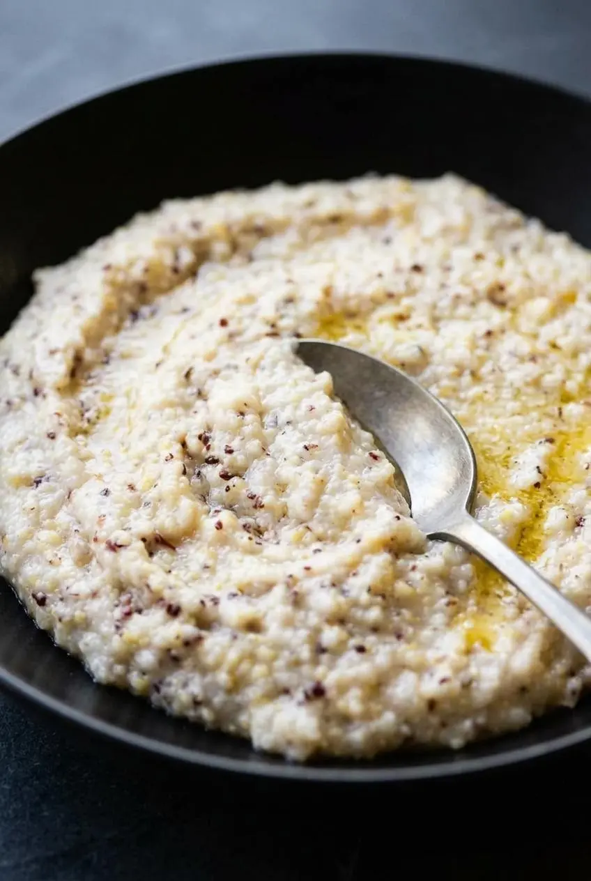 Metal spoon lifting a thick, smooth ribbon of creamy stone-ground grits with melted butter and cheddar.