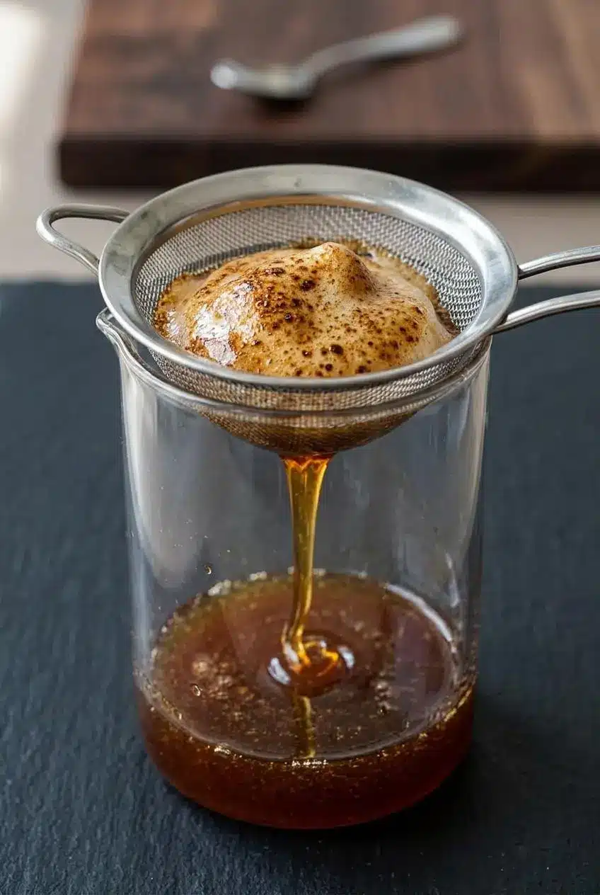 Straining toasted marshmallow syrup through a fine mesh sieve to separate caramelized foam from clear amber liquid.