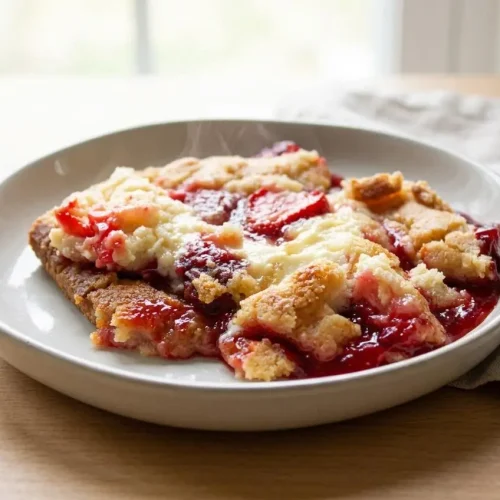 Strawberry cheesecake dump cake with bubbling red berries and a golden buttery crumb crust.