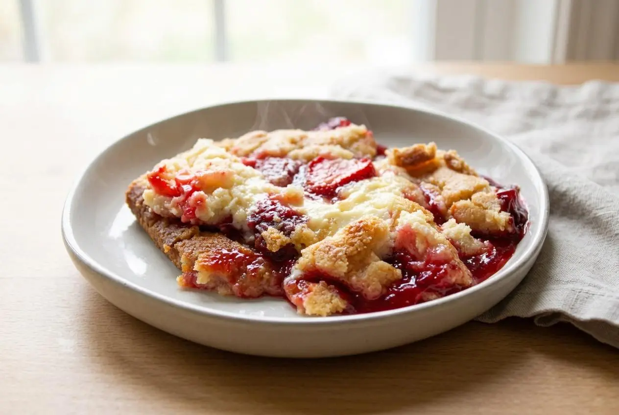 Strawberry cheesecake dump cake with bubbling red berries and a golden buttery crumb crust.