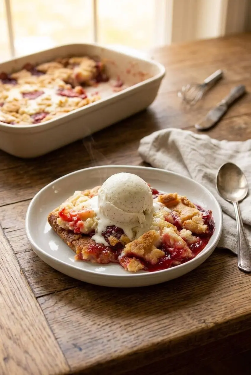 Warm strawberry cheesecake dump cake in a ceramic bowl topped with melting vanilla bean ice cream.