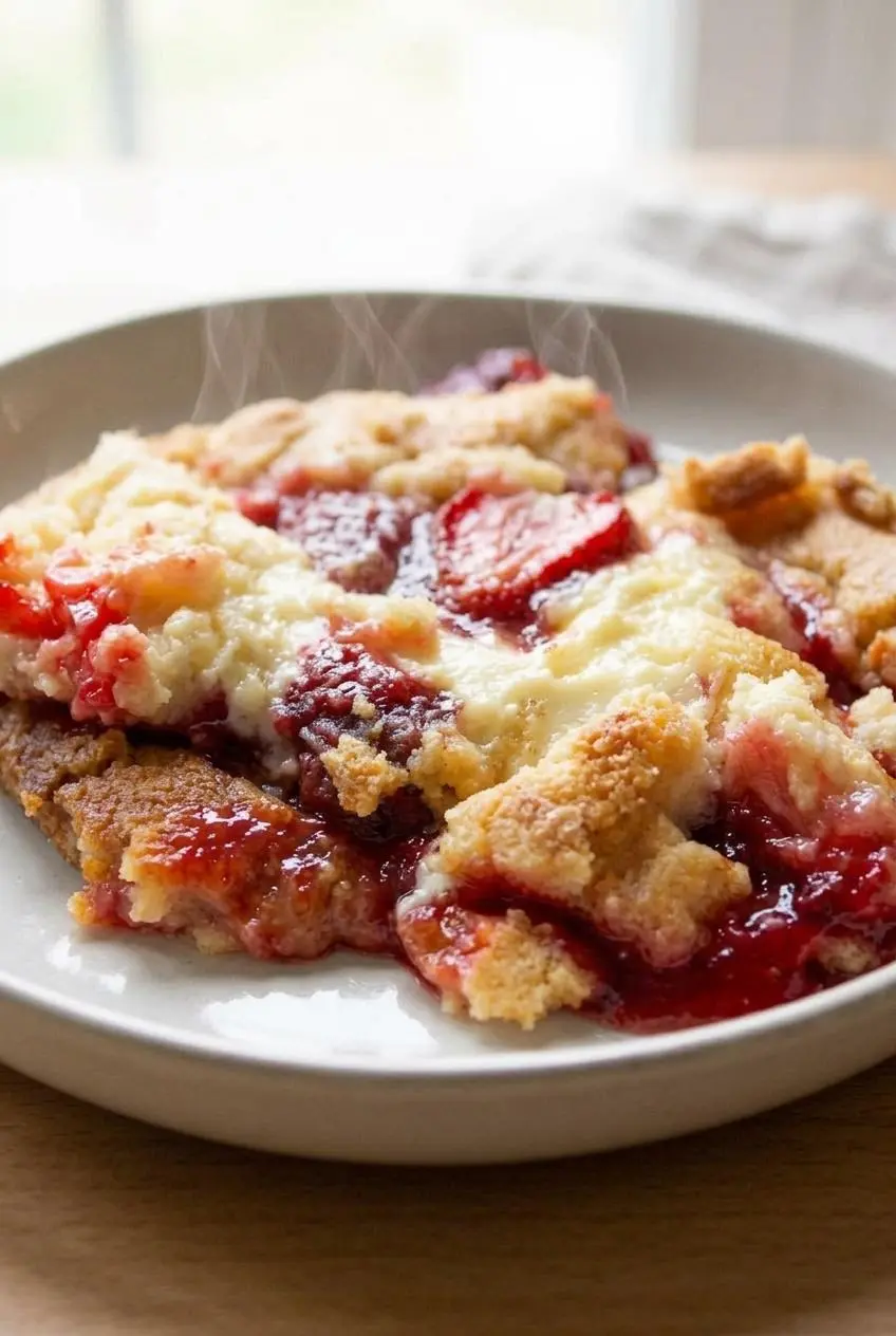 Close-up of baked dump cake layers showing bubbling strawberry filling, creamy cheesecake, and golden crust.