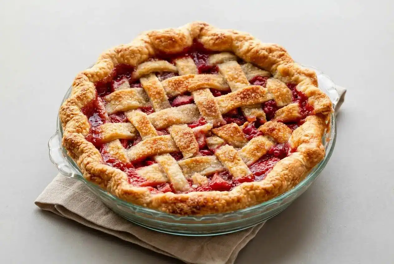Golden strawberry rhubarb pie with a woven lattice crust and glossy bubbling fruit filling.