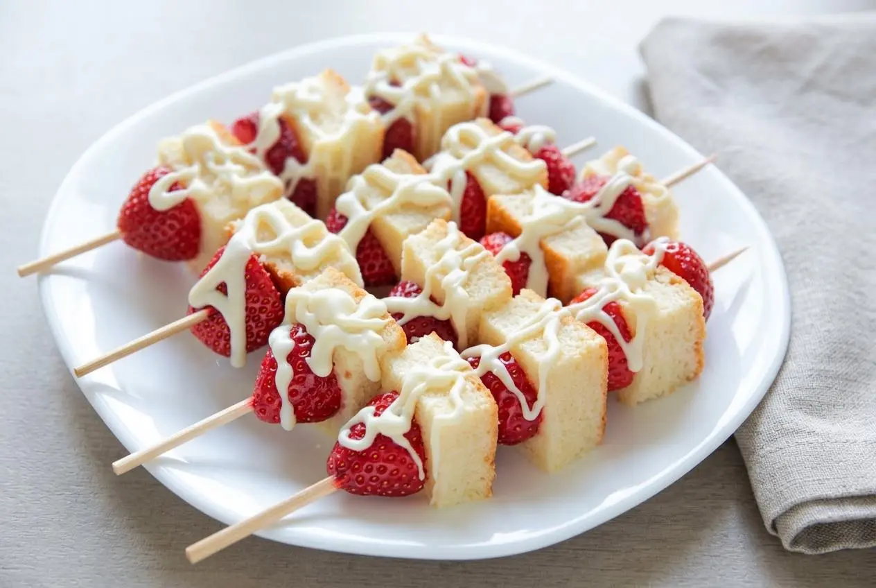 Strawberry shortcake kabobs with golden cake cubes, fresh berries, and a set white chocolate drizzle on a platter.